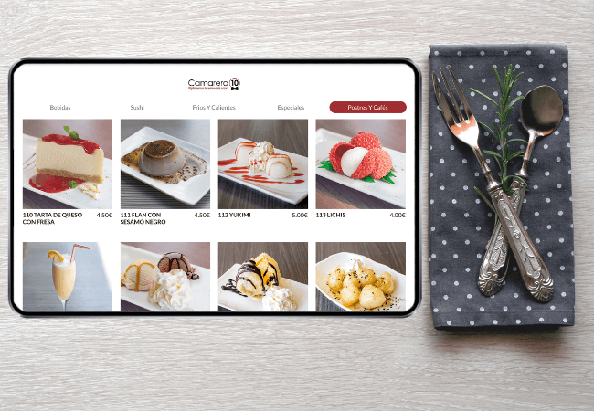 menu de postres dentro de una app de pedido en mesa para restaurantes y bares