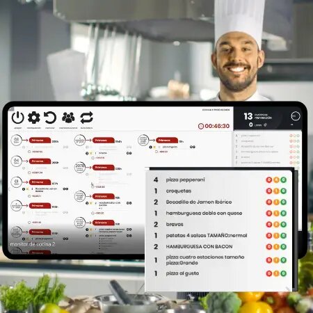 Pantalla táctil para cocina con modulo kitchen de camarero10 dónde podrás mandar las comandas en tiempo real para una gestión más eficiente